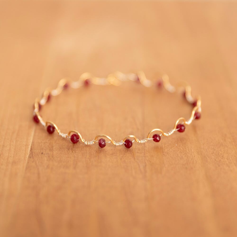 Two Tone Wire Wrap Bracelet w/ Red Malyasian Jade